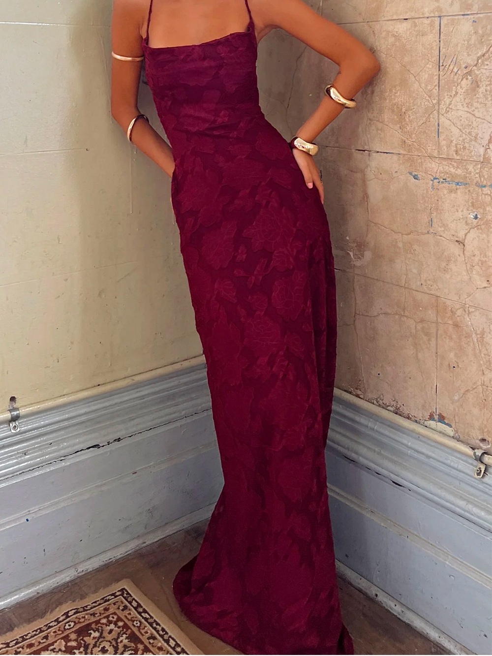 Princess Polly Celena Maxi Dress Burgundy Burnout Sz 6